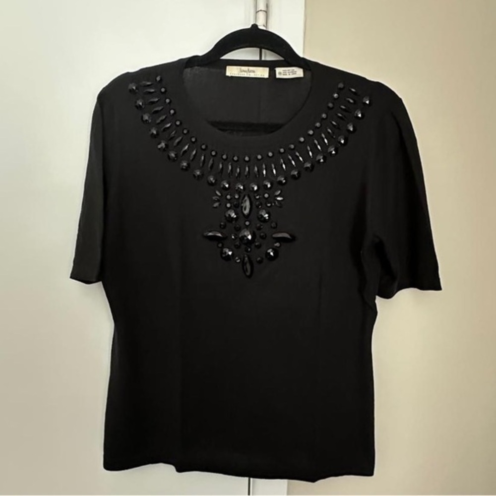 Neiman Marcus Black Embellished Blouse Short Sleeves Size Medium Cashmere